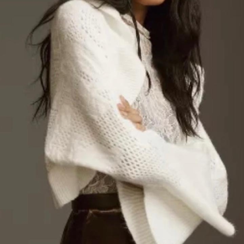 Anthropologie White Open-Knit Bell Sleeve Sweater